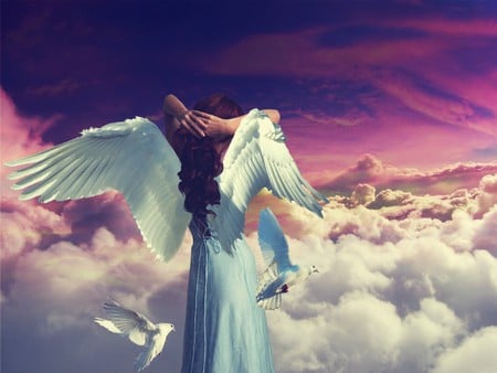 HEAVENLY - sky, heavenly, female, angel, clouds, birds