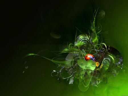 Ladybird In A Grass - abstract, red, green, grass, 3d, ladybird