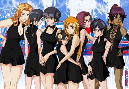 bleach girls - girls, bleach, rukia, hair, black, pink, short, hugging, dress