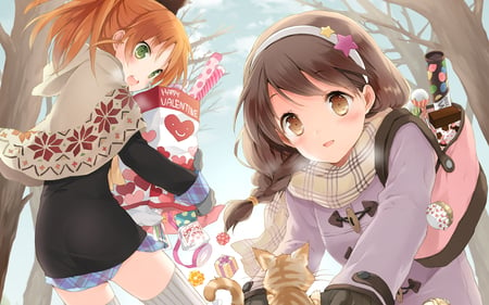 cute girls - neko, cute girls, cat, orange hair, animal, scarf, brown hair