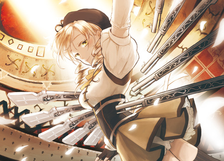 Tomoe Mami - mahou shoujo madoka magica, skirt, female, smiling, yellow hair, solo, curled hair, tomoe mami, yellow, gubns, rifles, happy