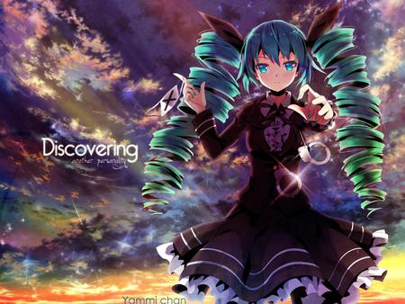 super curls - clouds, anime, twintails, dress, hand cuffs, miku, aqua eyes, cute, bow, curls, sky