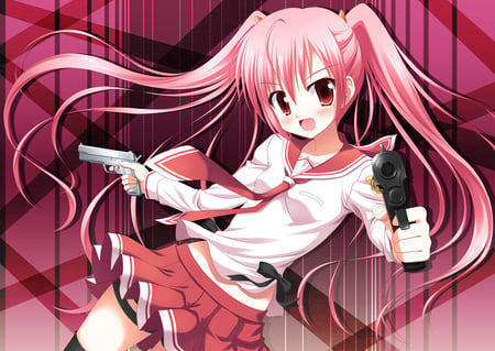 Aria Kanazaki - female, pig tails, aria kanazaki, pink hair, solo, school uniform, hand guns, pink, anime, dual weilding