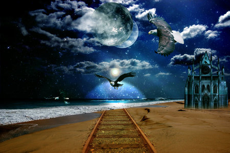 LAND OF THE EAGLES - clouds, moon, birds, beach, stars, fantasy, land, eagles, sky