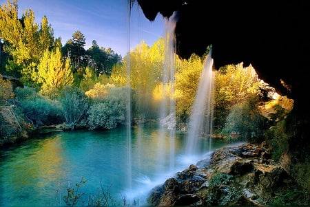 Behind the waterfall - waterfals, sky, view, trees, place, behind, wonderful, plants