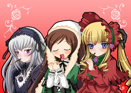 rozen maiden - shinku, suiguintou, rose, yellow hair, red eyes, blue eyes