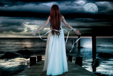 Woman of the Night - moon, woman, ocean, girl, night, fantasy, dark, pretty, clouds, blue, beautiful, sea