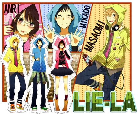 Durarara!! - yellow, skirt, blue, drrr, pink, lie-la, pants, hoodie