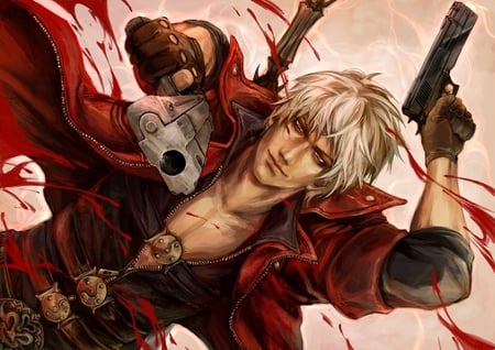 Dante - belt buckles, blood, gloves, jacket, anime, dante, video games, sword, devil may cry, weapons, guns, short hair, white hair