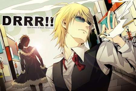 Shizuo and Orihara - cigarette, vest, tie, drrr, sunglasses, black coat, durarara, blonde