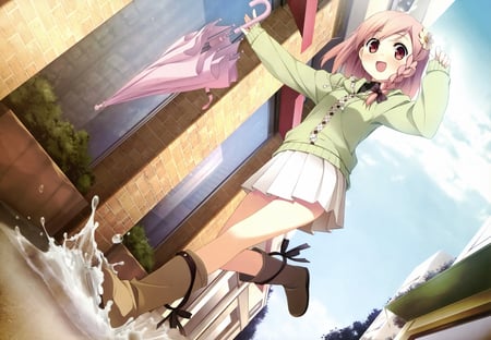 You make me Smile - braid, umbrella, skirt, boots, bow, pink, green sweater, puddle