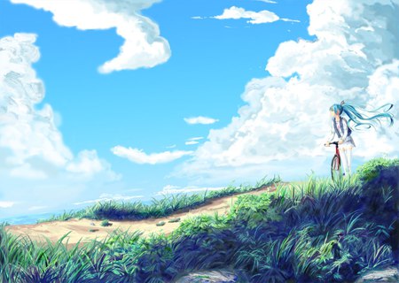 Hatsune Miku - pretty, artistic, walking, path, nice, program, road, beauty, virtual, cg, drawing, white, green, cute, aqua eyes, song, outfit, vocaloid, anime, blue, twintail, hatsune miku, bike, music, aqua, art, sky, idol, clouds, anime girl, skirt, beautiful, singer, girl, cool, black, miku, awesome, diva, painting, digital, aqua hair, hatsune, vocaloids