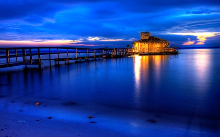 Paradise - beauty, sky, beach, broken, paradise, peaceful, sunset, view, pretty, reflection, clouds, romance, house, resort, dusk, sand, boat, relax, ocean, houses, building, boats, lovely, nature, pier, romantic, blue, beautiful, colors, sunrise, sea, lights