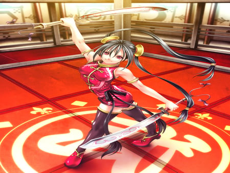 Swords Girl - anime girl, female, kung fu, swords, chinese, weapons, twin hairs, rezi, chinese clothes