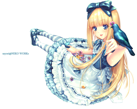 My friend the bird - bird, wonderland, anime, animal, girl, in, alice, long hair