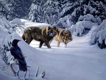 Winter Hunt - wolves, deerskull, crow, trees, snow