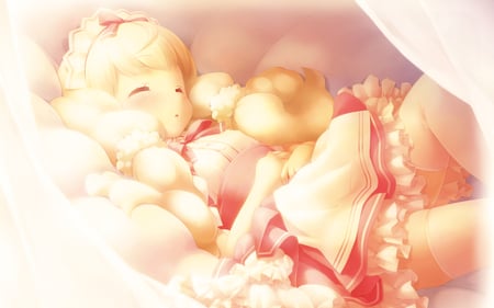 Sleeping soundly - cute, ribbon, cafe, thinghhighs, blonde hair, loli