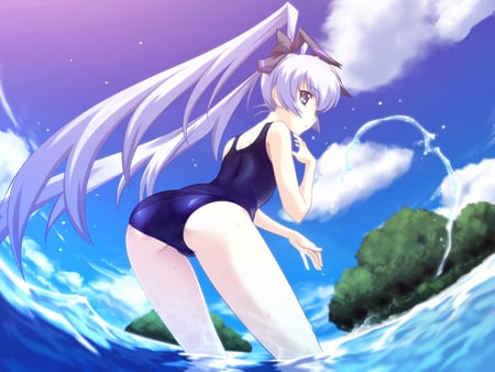 Yashiro Kasumi - muv luv, beauty, beach, sky, hot, swimsuit, anime girl, clouds, purple eyes, cute, sexy, twintails, summer, school swimsuit, tagme, beautiful, oceansea