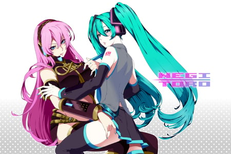 Luka & Miku - luka, hatsune miku, skirt, thigh highs, blue eyes, long hair, pink hair, hatsune, vocaloid, megurine luka, miku, megurine, green hair