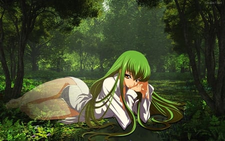 C.C - trees, anime, anime girl, female, water, cc, pond, girl, grass, orange eyes, forest, green hair, long hair, plants, lone, code geass