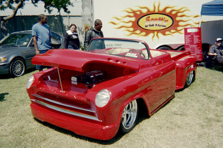 custom chevy truck - red, autos, custom, chevy, hottruck, sunny, show, hotrod, hot rod, outside, truck, classic, cars