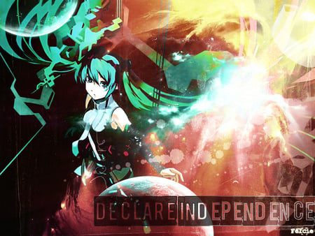 Declare Independence - anime, vocaloid, miku hatsune, girl, hatsune miku, cool, hair, miku, felcie, green, sing, hatsune, song