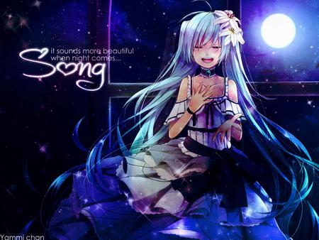 song - moon, sitting, girl, hair, song, night, hatsune, alone, vocaloid, beautiful, anime, green, miku, smile, sing, dress