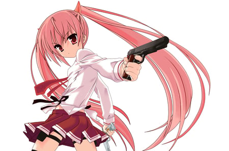 Kanzaki H Aria - tie, pretty, pink, uniforn, pistol, colt 45, nice, guns, hot, thighhighs, beauty, red eyes, school uniform, white, cute, kanzaki, colt 1911, sexy, anime, hidan no aria, colt, school, weapons, 9mm, red, pink hair, kanzaki h aria, aria, anime girl, skirt, beautiful, cool, awesome