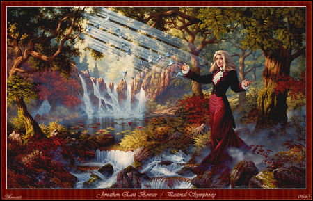 Pastoral Symphony - bird, sunlight, waterfall, woman, forest