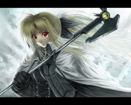 Fate Testarossa - anime, girl, blonde hair, mahou shoujo lyrical nanoha, glove, red eyes, black, mage, fate testarossa, white, ribbon, weapon