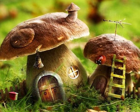 Cosy home - mushrooms, nice, abstract, 3d, green, house, cute