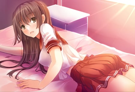 hey!.. - brown eyes, anime, hot, girl, blush, brown hair, long hair, uniform, bed, cute, sexy