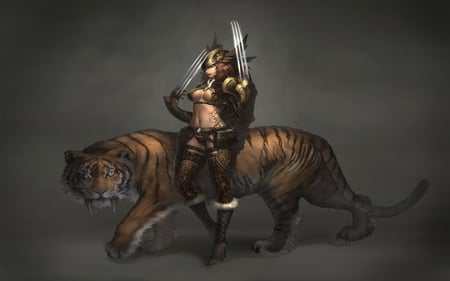 Beast Trainer - claws, big breasts, trainer, atlantica online, sexy, female, warrior, video game, fantasy, cg, dark, beast, game, weapons, tiger, big cat