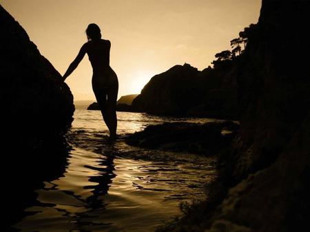 The-girl-on-the-beach-after-sunset - women, water, people, beach, models, reflection, sunset, lady, siluette