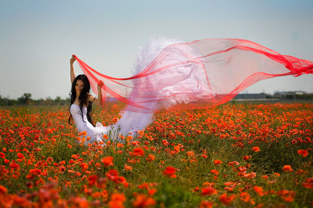 Red and white - poppies, people, female, flowers, feeling, red, field, sunny day, sky, breeze, bride, poppy, beautiful girl, beautiful, girl, beauty, white dress, wind, white, lady, woman, red cloth