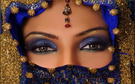 BEAUTIFUL BRIDE - veiled, jewelery, make up, eyes, beautiful, bride, sequins, saree