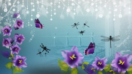 Purple Flowers Abstract - stars, dragonflies, dragonfly, blue, summer, purple flowers, spring