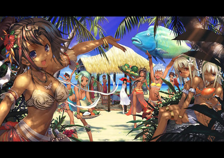 Welcome to paradise - girls, beach, sun, paradise, anime, sea