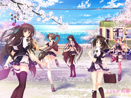 Schoolday - girls, anime, beach, schooluniform, school, sea, spring