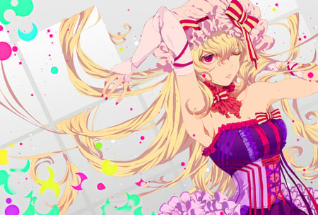 Touhou - hat, dress, blonde hair, long hair, yakumo yukari, red eyes