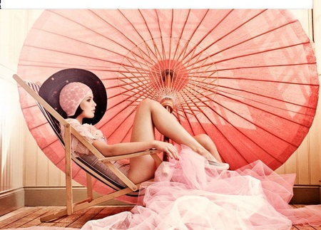 Vintage inspired - beautiful, umbrella, wooden, silk, swim suit, parasol, sun chair, woman, pink, bathing suit, flowers, sitting, unique, lounge, vintage, cap, sexy