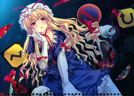 Touhou - yakumo yukari, red eyes, long hair, blonde hair, hat, dress