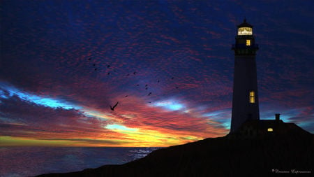 lighthouse light up the dark - hill, house, water, lighthouse, land, sea, sky