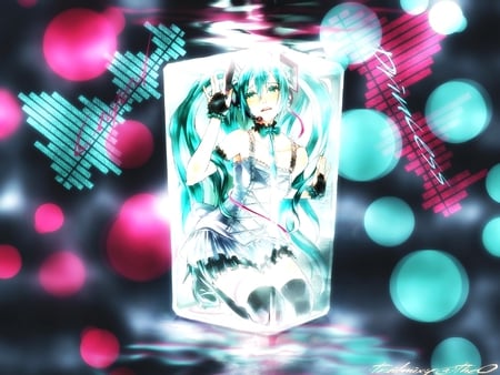 Caged Princess - anime, vocaloid, blue, girl, pink, hair, cage, miku, green, bright, sing, trapped, hatsune, song