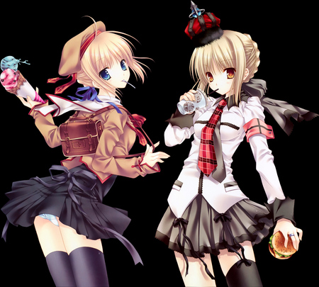 Sweet Girl - saber, anime, saber alter, green eyes, ice cream, movie, cola, burger, hat, game, skirt, dark saber, blonde hair, red eyes, girls, cute, fate stay night