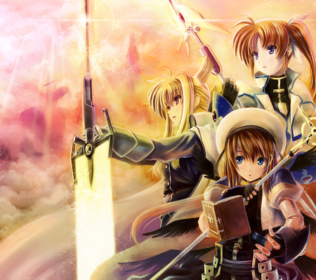 Ready for Battle - hat, nanoha, anime, book, staff, sword, blonde hair, mahou shoujo lyrical nanoha, long hair, hayate, girls, mahou, fate