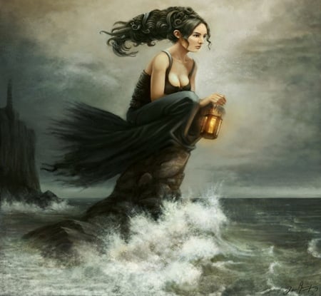 Guardian - beauty, lighthouse, girl, wallpaper, fantasy, cg, abstract, rock, lamp