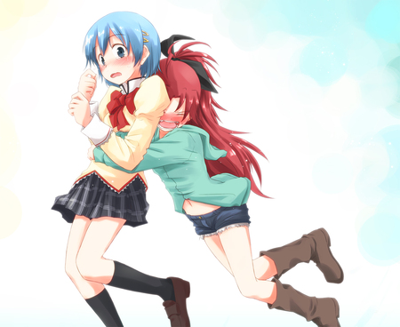 Don't go - tatsuno ryou, miki sayaka, beautiful, hot, seifuku, beauty, school uniform, red hair, mahou shoujo madoka magica, beauties, sakura kyouko, blue hair, cute, anime girls, sexy