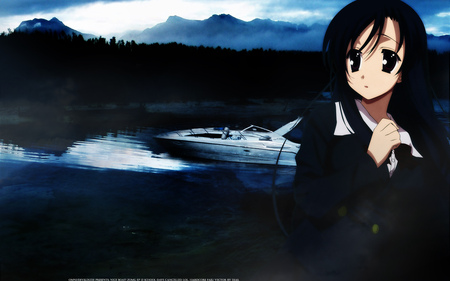 Kotonoha Katsura - reflections, boat, night, forest, reflection, long hair, mountain, dark, kotonoha katsura, trees, water, school days, fog, girl, tree, water reflections, smoke, mountains, ending, schoolgirl, wave