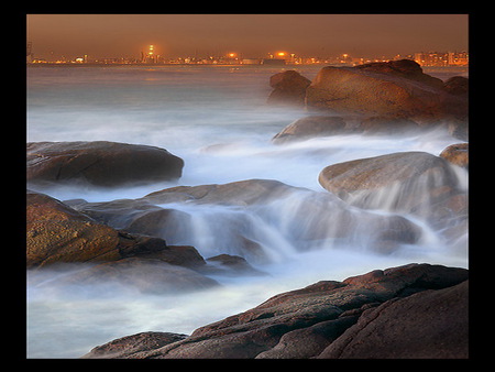 Ocean song - shore, surf, mist, waves, city, ocean, rocks